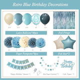 60pcs Blue Birthday Decorations with Balloons, Banner, Fringe Curtain & Pom Poms