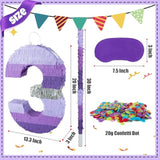 20 Inch Number 3 Piñata Purple Silver With 30 Inch Piñata Stick Blindfold Confetti For Boy Girl Kids Birthday Party Decorations, Anniversary Celebration, Fiesta