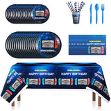 162Ct Video Game Party Suppliestableware Kit - Blue, Serves 20 Guests - Includes Happy Birthday Banner, Plates, Cups, Straws, Napkins, Utensils, Table Cover For Video Game Themed Birthday Parties