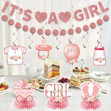 9Pcs Pink Rose Gold Baby Shower Decorations Kit For Girl, Floral It'S A Girl Gender Reveal Banner Table Centerpiece Hanging Swirls Set, Pregnancy Announcement Circle Dot Garland Banner Party Supplies