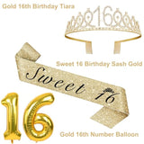 16Th Birthday Decorations For Girls Gold With Sweet 16 Sash And Tiara, Cake Topper And Candles, Number Balloons, Sweet 16 Party Decoration Gifts