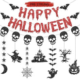 Pre Strung Halloween Party Decorations Banner Skull Garland Black Red Glitter