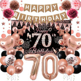 70Th Birthday Decorations For Women, Rose Gold Happy 70Th Birthday Decorations Banner Balloons Pompoms Backdrop Star Streamer, 70Th Birthday Party Supplies Set