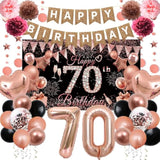 70Th Birthday Decorations For Women, Rose Gold Happy 70Th Birthday Decorations Banner Balloons Pompoms Backdrop Star Streamer, 70Th Birthday Party Supplies Set