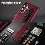 Compatible With Samsung Galaxy Z Fold7 Case Wallet With Card Holder,Z Fold 7 5G Phone Case With Strap Shockproof Pu Leather Rfid Blocking Flip Cover Credit Card Slots Women Men,Wine Red