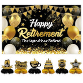Retirement Party Decorations Kit For Men Women, Black Gold Happy Retirement Banner With 6Pcs Honeycomb Centerpiece,5.9 X 3.6Ft, Black Gold Office Yard Sign For Farewell Decorations Party Supplies