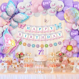 95pcs 7th Birthday Decor for Girls with Banner, Butterflies & Pink Purple Balloons