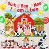 Farm Animal 2Nd Birthday Party Decorations, Oink Baa Moo I Am Two Party Decorations Backdrop Banner Cake Cupcake Topper Cow Print Number 2 Foil Balloon For Boy Girl 2 Year Old Birthday