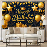 Birthday Decoration Banner 71X43 Inch Black And Gold Happy Birthday Backdrop With Balloons Stars Crowns And Gifts For Elegant Party Wall Photo Decor