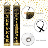 Happy New Year 2026 Porch Banner in Black Gold Glitter for Holiday Party Decor