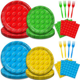 96 Pcs Building Block Party Supplies, Building Bricks Plates And Napkins Set Boys Girls Building Block Themed Dinnerware For Kids Baby Shower Birthday Party Decorations, Serves 24