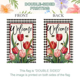 Spring Easter Tulip Welcome House Flag 28 X 40 Inch Double Sided Burlap Spring Flowers Floral Buffalo Plaid Large Yard Flag Summer Holiday Seasonal Outdoor Outside Decoration