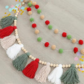 Christmas Banner Wood Bead Tassel Banners And Red Green Pom Pom Garlands Wall Hanging Home Decor For Party Decoration