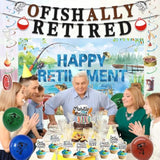 Retirement Party Decorations Men Women, Ofishally Retired Banner Balloons Cake Topper Hanging Swirls Kit, Gone Fishing Themed Happy Retirement Party Supplies For Coworker Photo Backdrop