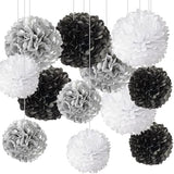 Black,White and Silver Hanging Tissue Paper Pom Poms,Black White Party Decorations(12 PCS)