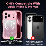 Pink iPhone 17 Pro Max Case with Magsafe Compatibility, Tempered Glass Screen Protector, and Camera Lens Protection, Full Body Shockproof Protective Bling Case for Women and Girls