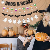 Boos and Booze Banner Funny Halloween Party Decorations with Ghost and Bat Design
