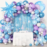 162Pcs Snow Birthday Party Supplies, Snow Balloon Garland Arch Kit Fringe Curtain Blue Purple Snowflake Confetti Balloons Princess Winter Wonderland Girl Baby Party Decorations