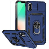 For Iphone Xs Max Case With Camera Lens Cover Hd Screen Protector, Dual Layer Military Grade Drop Protection Magnetic Ring Holder Kickstand Protective Phone Case For Iphone Xs Max 6.5 Inch (Navy Blue)