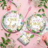 Wild One Birthday Decorations Girl Tableware - Disposable Jungle Safari First Birthday Decorations, Paper Plate, Napkin, Cup, Cutlery, Jungle Animal Theme Wild One Party Supplies | 24 Guests