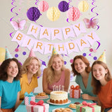 Birthday Decorations, Happy Birthday Banner With Honeycomb Balls, Butterfly Hanging Swirl Streamers, Circle Dots Garland, Happy Birthday Party Decorations For Women Girls