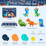 140 Pcs Dinosaur Birthday Party Decorations, Blue Dinosaur Party Decorations For Boys Girls Kids Includes Balloons, Customized Backdrop, Tablecloth For Baby Shower Decorations
