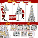 6 Ft Flocked Pop Up Christmas Tree,Prelit 200 Led Lights,Opens Instantly,Fully Decorated 80 Ornaments,8 Mode Warm White Light & Timer,Foldable Xmas Tree Fire-Resistant Collapsible Outdoor Indoor Decor