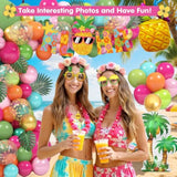 Tropical Party Decorations, 200 Pcs Hawaiian Luau Aloha Party Decorations With 144 Pcs Balloons Reusable Plastic Drink Straws, Photo Booth Props, Palm Leaves For Birthday Baby Shower Pool Summer Party