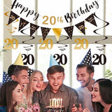 20th birthday kit with black-gold banner, bunting, swirls & triangle flags
