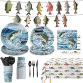 170Pcs Gone Fishing Party Decorations Fishing Birthday Party Decorations Include Plates, Cups, Cutlery, Banner, Tablecloth For Ofishally One Birthday Decorations, Serve 24