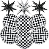 6 Pcs Race Car Checkered Balloons 3 Pcs Explosion Pointed Star Foil Balloons For Racing Party Decorations, 22'' Jumbo Sphere 4D Black And White Checkered Flag Mylar Balloons For Birthday Party