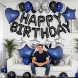 Navy Blue And Black Birthday Decorations For Men Black Pearl Royal Blue Silver Metallic Balloons Confetti Balloon Happy Birthday Banner Heart Balloons 18/10 Inch Star Balloon For Bday Party Supplies