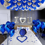 I Love You For Him/Her Balloons 56Pcs Royal Blue And Sliver Balloon Kit Include 18 Inch Heart Shaped Balloons And 500 Blue Artificial Rose Petals Romantic Decoration Kit For Valentines Party