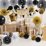 Party Decorations, Black And Gold Hanging Paper Fans, Pom Poms Flowers, Pennant, Garland String, Banner For Birthday Parties Wedding Décor, Table & Wall Decorations