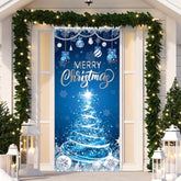 Blue Christmas Door Cover Decoration Merry Christmas Trees Ball Snowflake Door Banner Xmas Hanging Porch Backdrop Winter Holiday Window Cover Door Wall Decor For New Year Front Door