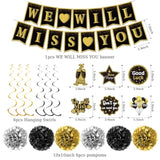 Farewell Party Decoration Kit: Black & Gold Banner, Swirls, Pompoms