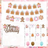 Christmas & Birthday Decorations - Pink Gingerbread Man Merry Birthday Theme Banner, Candy House Cake Topper & Latex Balloons For Boys & Girls Parties