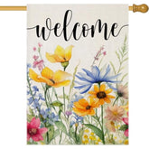 Welcome Flowers House Flags For Outdoor Decoration, Spring Watercolor Floral Large Yard Flag, Decorative Summer Celebration Decor For Seasonal Farmhouse Holiday Outside 28X40 Inch Vertical
