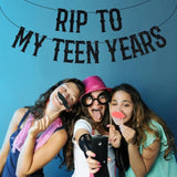 Black Glitter Rip To My Teen Years Banner, Kissing My Teens Goodbye/Cheers To 20 Years, Old English Funeral Youth Themed 20Th Birthday Party Decorations Supplies