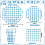 250 Pcs Blue Gingham Party Supplies, Scalloped Blue and White Checkered Tableware Set Includes Disposable Plates Napkins and Cups for Wedding Birthday Picnic Baby Bridal Shower