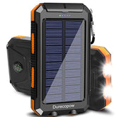 Solar Charger Power Bank, 20000Mah Portable Outdoor Waterproof Solar Battery Charger, Camping External Backup Battery Pack Usb C Ports Input/Output, 2 Led Light Flashlight With Compass (Orange)