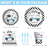 Race Car 1St Birthday Party Supplies - Fast One Plates And Napkins Decorations Boys Tableware, Plate, Cup, Napkin, Fork, Blue Race Car One-Year-Old Decorations | Serve 24