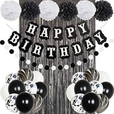 Black & White Birthday Decor Set – Balloons, Banner and Fringe Curtains (30 Pcs)