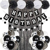 Black & White Birthday Decor Set – Balloons, Banner and Fringe Curtains (30 Pcs)