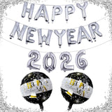 18in Silver Happy New Year 2026 Balloons Round Number Balloon Party Decor