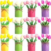 12 Pack Artificial Tulips Bulk With Metal Pots Pu Faux Multicolor Tulip Flower In Vase Fake Floral Arrangement Bouquet For Spring Home Office Decor Easter Table Centerpiece Wedding Party