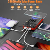 Solar Power Bank 33800mAh with Super Bright LED Flashlight, Built-in 4 Cables & Wireless Charging, Portable Charger with Compass, 7 Outputs & 4