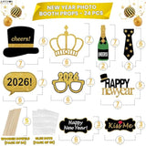 24 Pcs 2026 New Year Photo Booth Props with Glitter for Party Decorations