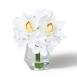 Bathroom Artificial Flowers With Small Vase - Real Touch Silk Fake Magnolia + Hydrangea Flowers Arrangemets In Glass Vase With Faux Water For Home Office Decor