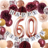 60th Birthday Decorations for Women – Rose Gold, Burgundy & Champagne Party Decor Set